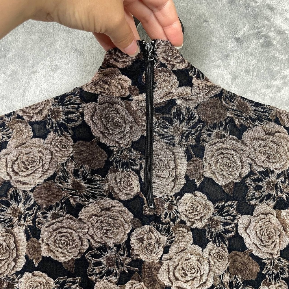 Vintage Black Brown Floral Rose Mock Neck Top Short Sleeve Y2K Grunge Large - Picture 7 of 7